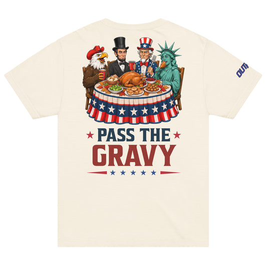 A modern American living room featuring the Fox Outkick Pass the Gravy oversized t-shirt neatly folded on a rustic wooden table.