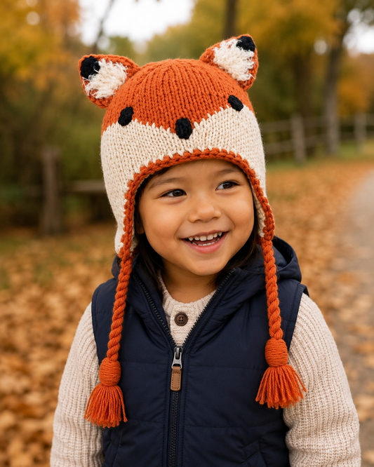 Fox Kids Hand Knit Winter Beanie - Multi-Color - L