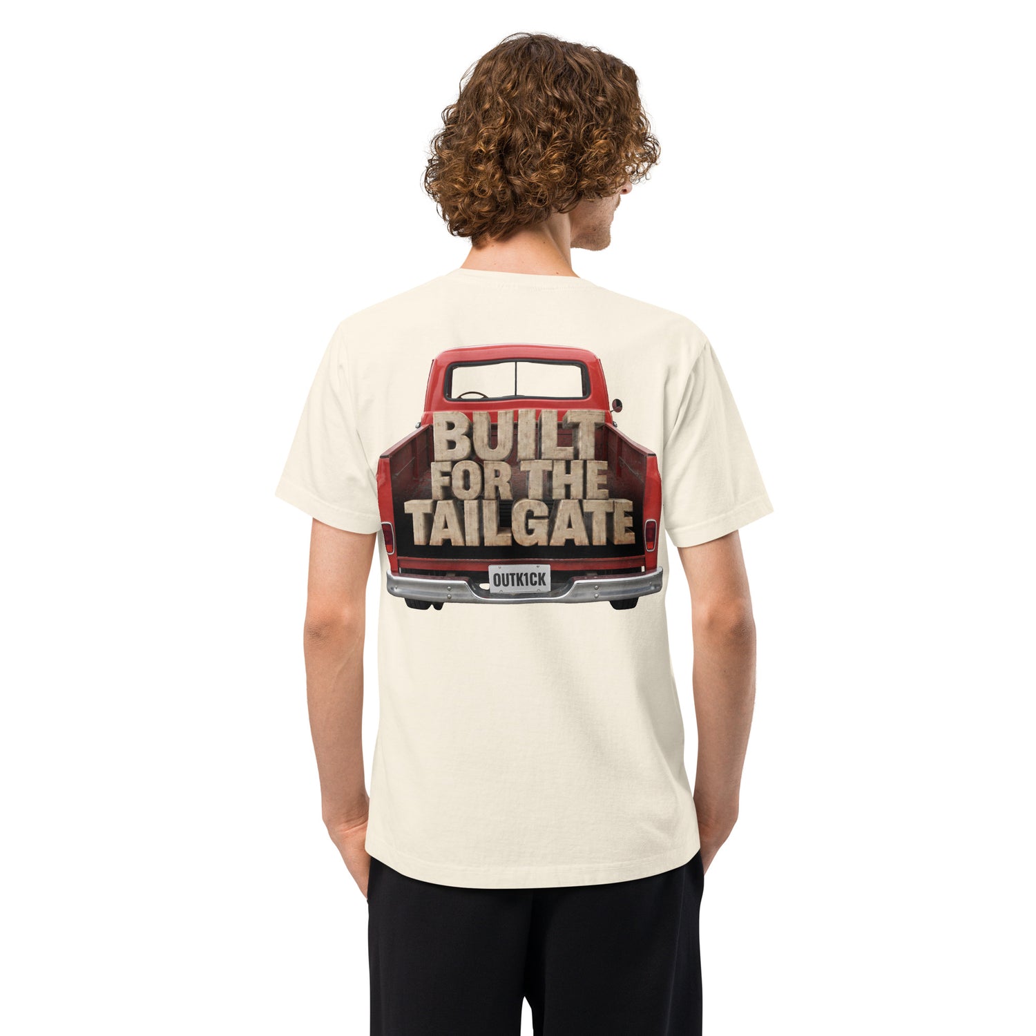 Close-up view of the crisp graphic lettering on the FOX Outkick Built for the Tailgate T-Shirt.