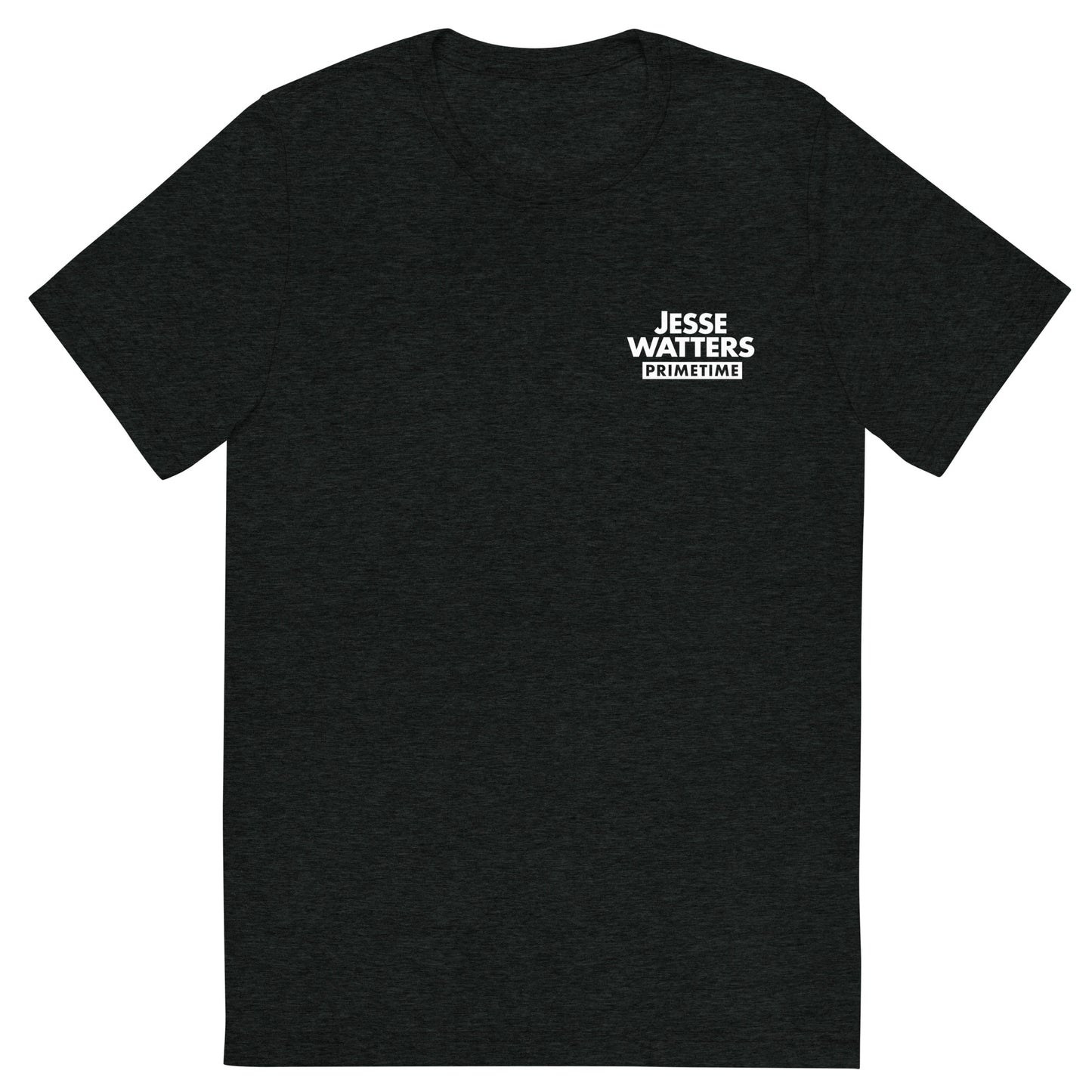 A loyal FOX News viewer wearing the charcoal-black triblend Jesse Watters Primetime t-shirt in a modern American living room.