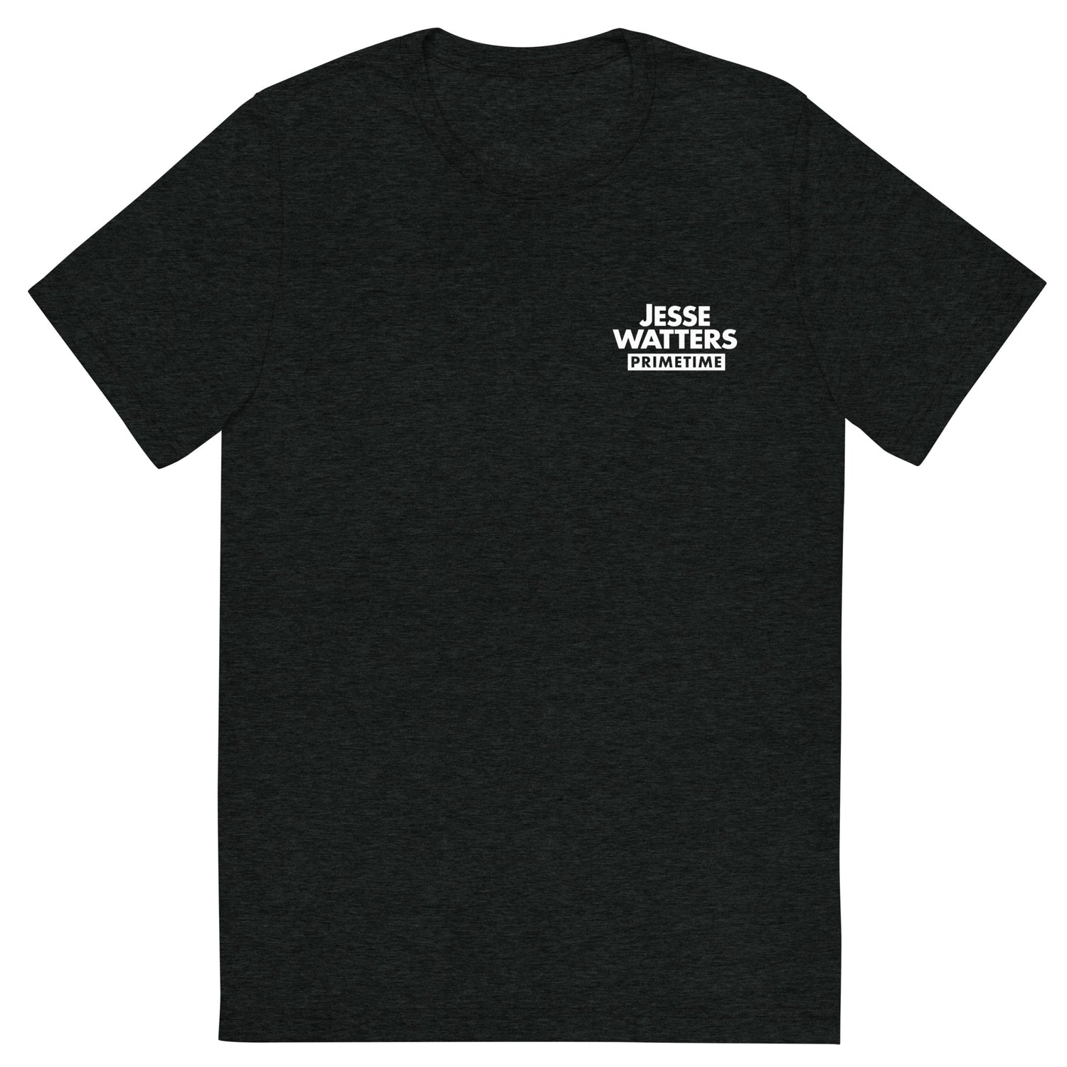 A loyal FOX News viewer wearing the charcoal-black triblend Jesse Watters Primetime t-shirt in a modern American living room.