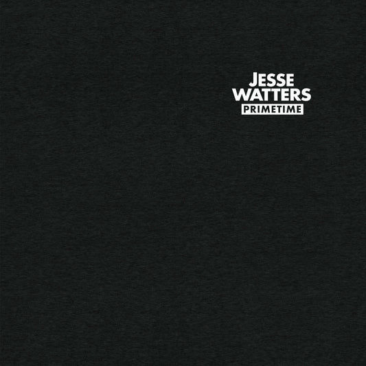 Close-up view of the crisp Jesse Watters Primetime graphic logo printed on the premium t-shirt fabric.