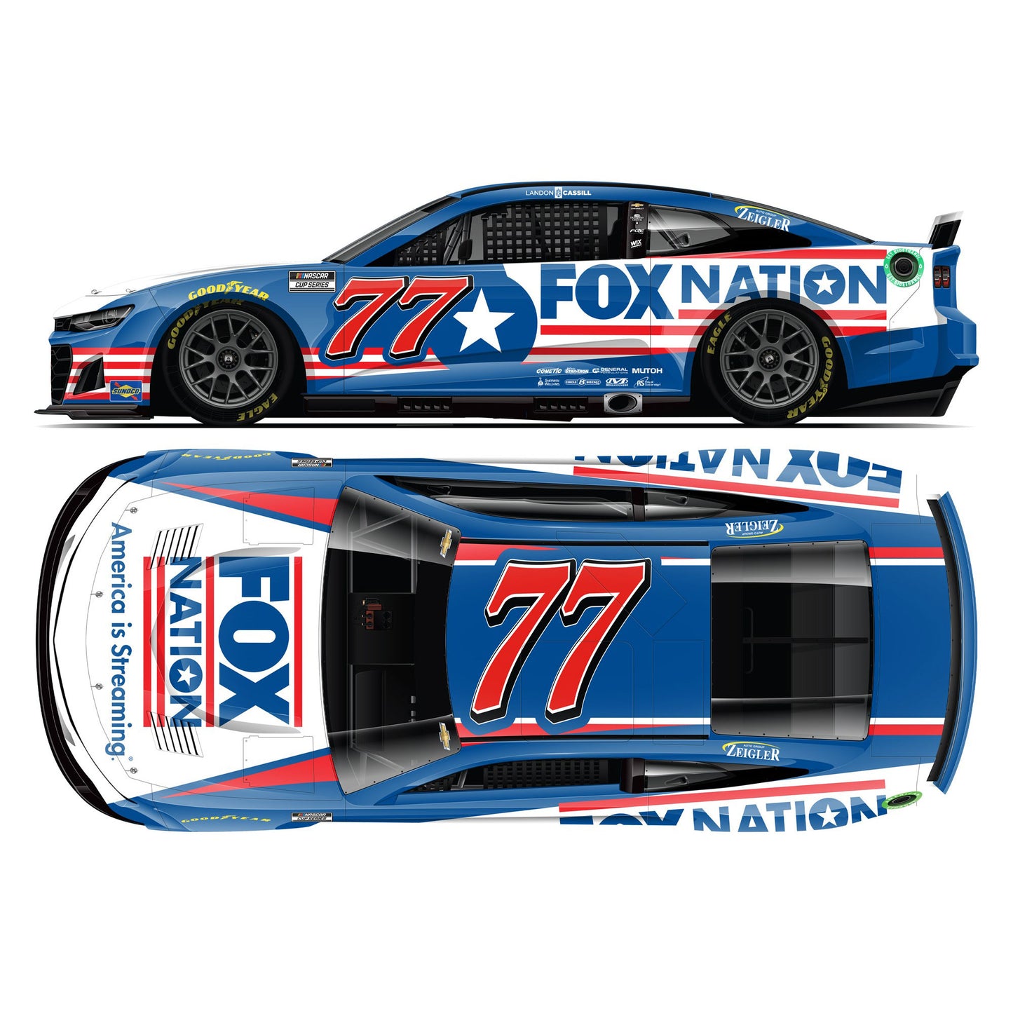 Landon Cassill Action Racing 2022 #77 Fox Nation 1:24 Die-Cast Chevrolet Camaro ELITE